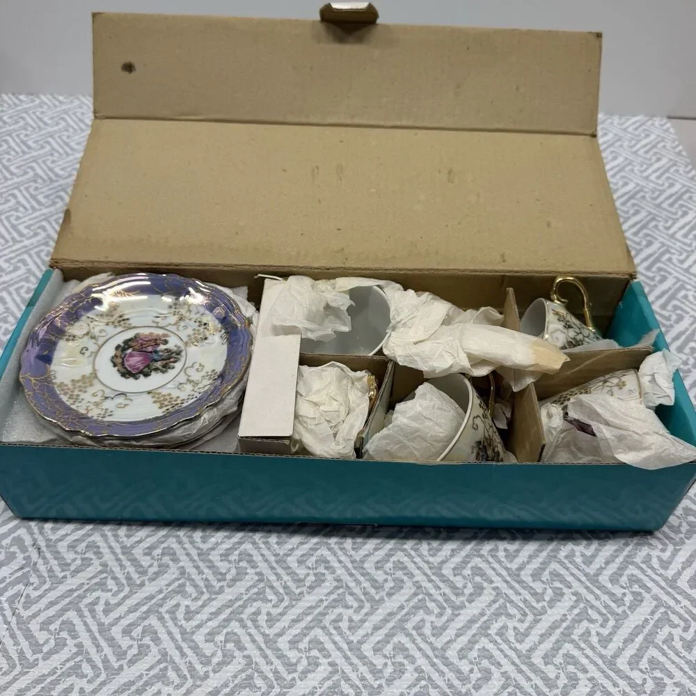 Vintage Genuine Porcelain A/D Demitasse Cup Saucer Set 6 Lusterware Japan Boxed
